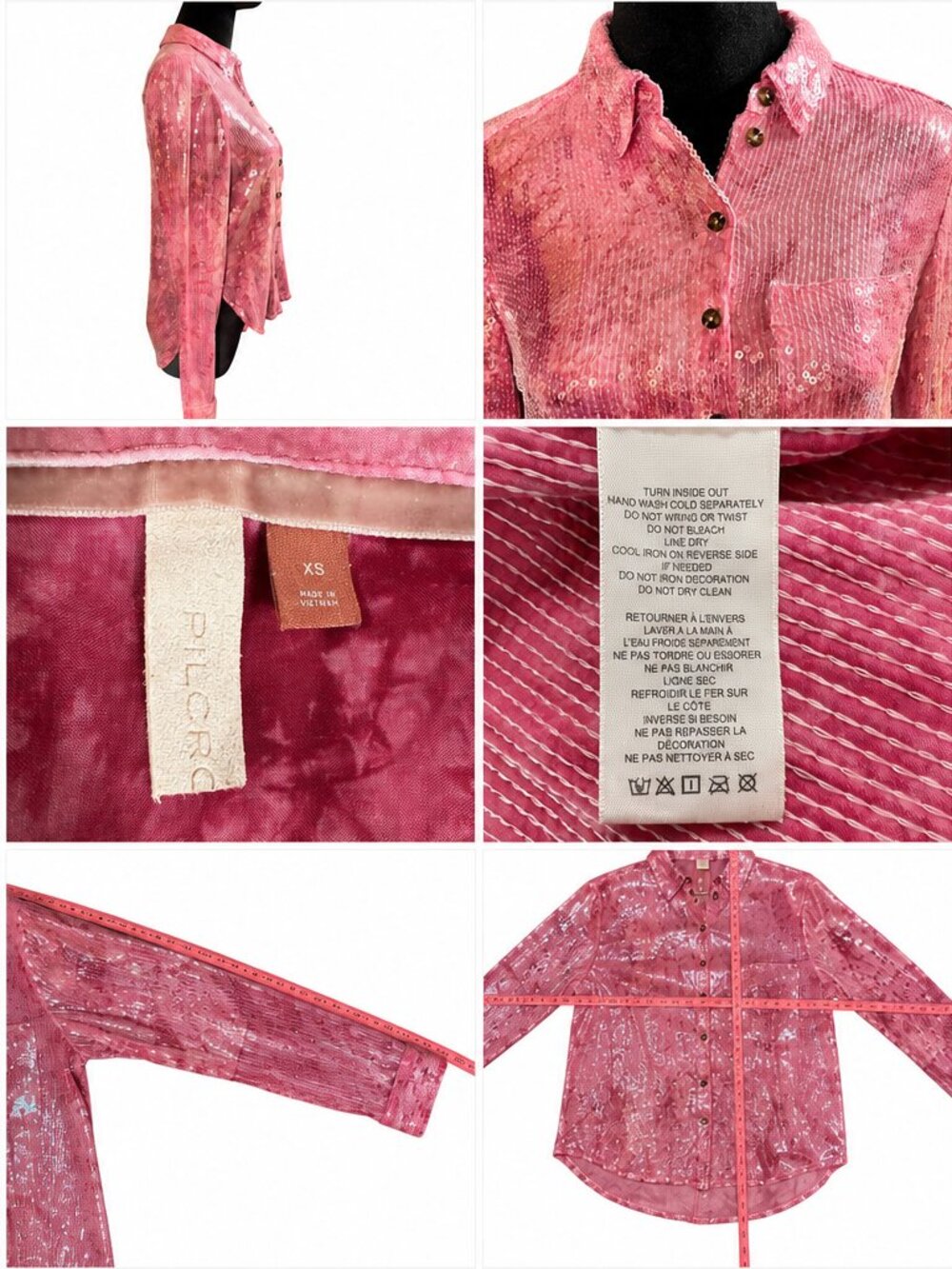 Pilcro Pink Sequin Button-Up Shirt Long Sleeve Casual Glam Top Size x-small.